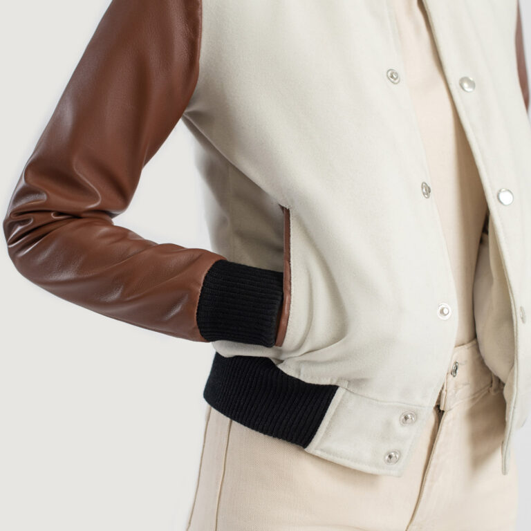 Womens Savant Brown Hybrid Varsity Jacket Close-Up-9-1686936313541